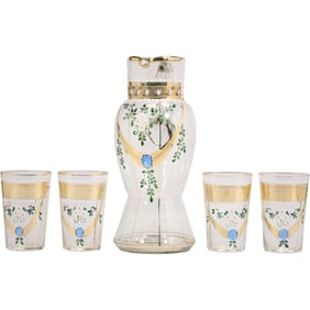 Hand Painted Bohemian Glass Pitcher with Four Matching Tumblers