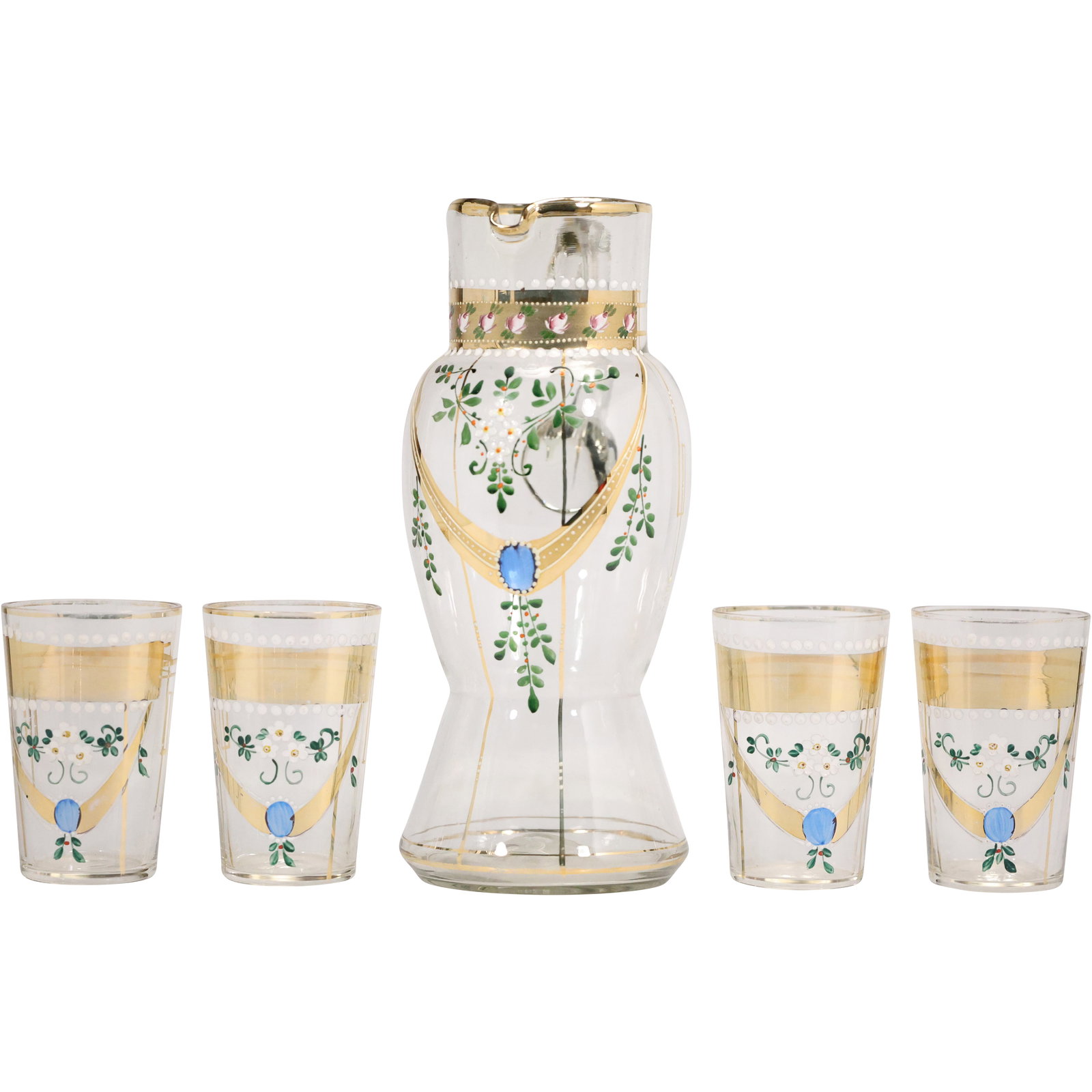 Hand Painted Bohemian Glass Pitcher with Four Matching Tumblers (1 of 17)