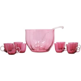 Vintage Cranberry Glass Punch Bowl Set with Eight Cups and Ladle