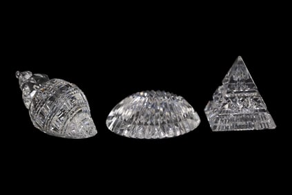 Waterford Crystal Shell, Sand Dollar, and Pyramid Paperweights Trio