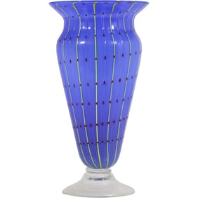 Postmodern Murano Art Glass Vase in Royal Blue with Dotted Stripe Design