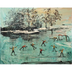 Morris Katz Oil Painting Hockey on a Frozen River