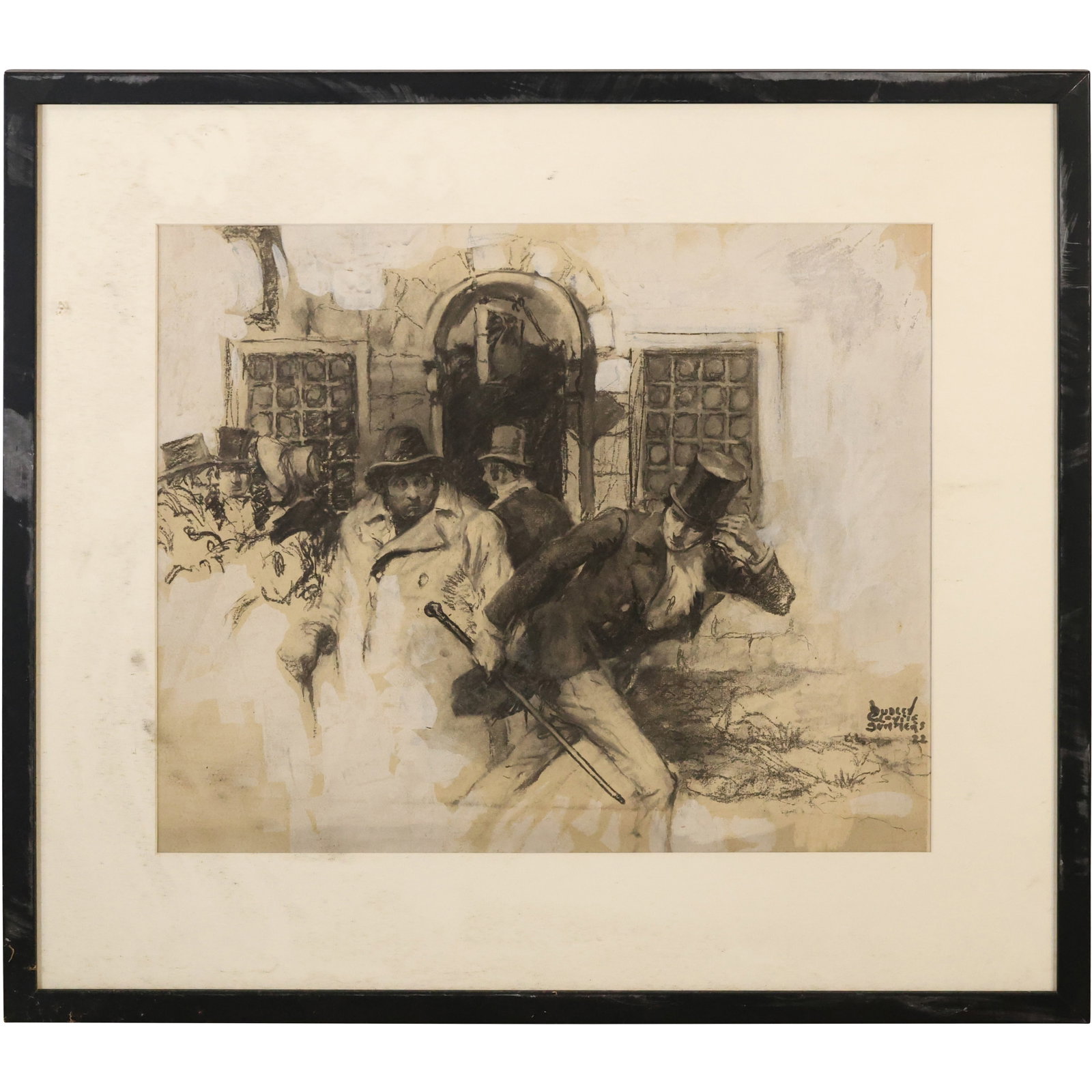 Dudley G. Summers Ink and Wash Illustration of 19th Century Gentlemen: Ink and wash illustration on paper signed Dudley G. Summers, lower right. The composition depicts a group of 19th-century gentlemen outside a stone building, with one figure leaning forward dramatical