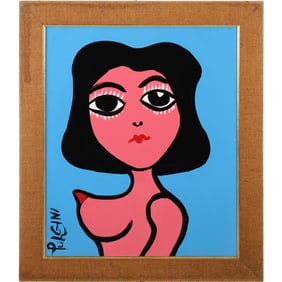 Tom Pulgini Oil on Wood Portrait of Woman with Blue Background