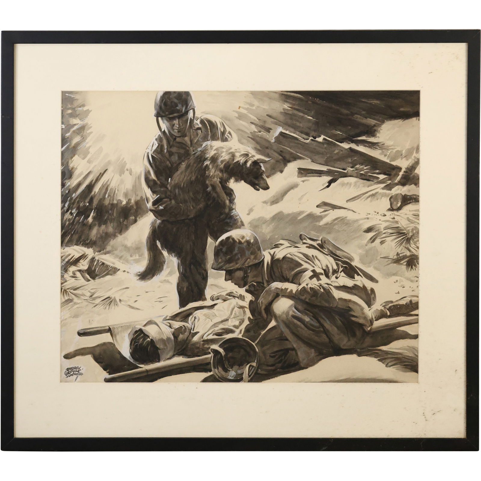 Dudley Gloyne Summers Original WWII Illustration Art – Soldiers with Dog and Medic Scene: Original ink and wash illustration on paper by Dudley Gloyne Summers, depicting a wartime rescue scene with two soldiers aiding the wounded—one carrying a dog while the other attends to an injured c