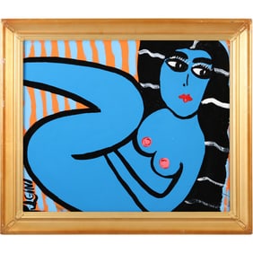 Tom Pulgini Blue Reclining Nude Oil on Wood