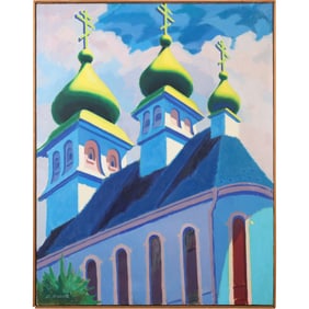 E. Brent Oil Painting of Church with Onion Domes