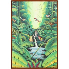 V. Julier Signed Tropical Jungle Painting with Parrots