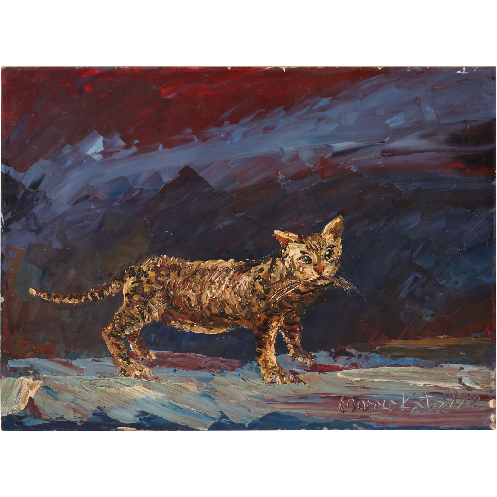 Morris Katz Oil Painting of a Cat: Oil on board painting depicting a cat rendered in bold impasto strokes against a deep maroon and indigo background. The artist’s signature, Morris Katz, appears in the lower right. The work features