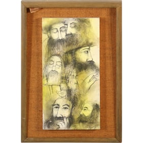 Signed Irwin Mixed Media Portrait of Jewish Rabbis