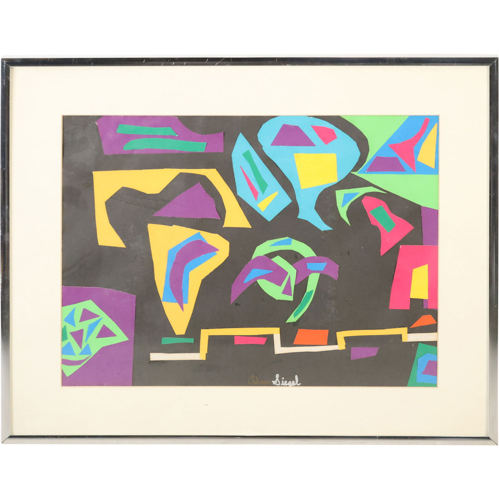 Adam Siegel Abstract Collage on Paper: Abstract collage artwork signed Adam Siegel, featuring a composition of brightly colored cut paper forms arranged on a black background. The piece incorporates angular and curvilinear shapes in bold t