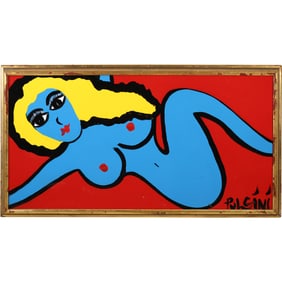 Tom Pulgini Blue Nude Painting on Red Ground