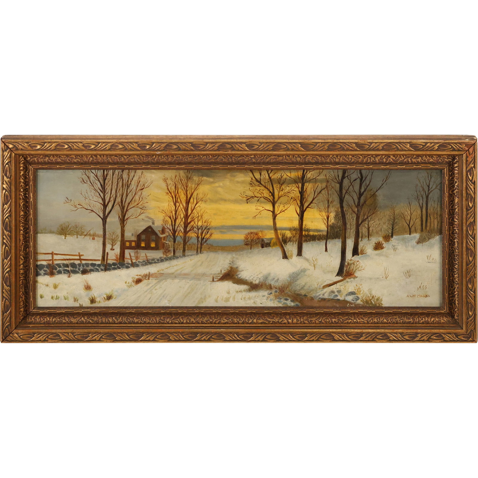 Winter Farmhouse Landscape Oil on Canvas Signed A. L. McMahon: Oil on canvas painting, signed lower right “A. L. McMahon”. Housed in a carved gilt wood frame. Depicts a snow-covered country road leading toward a farmhouse at dusk, with bare trees lining t