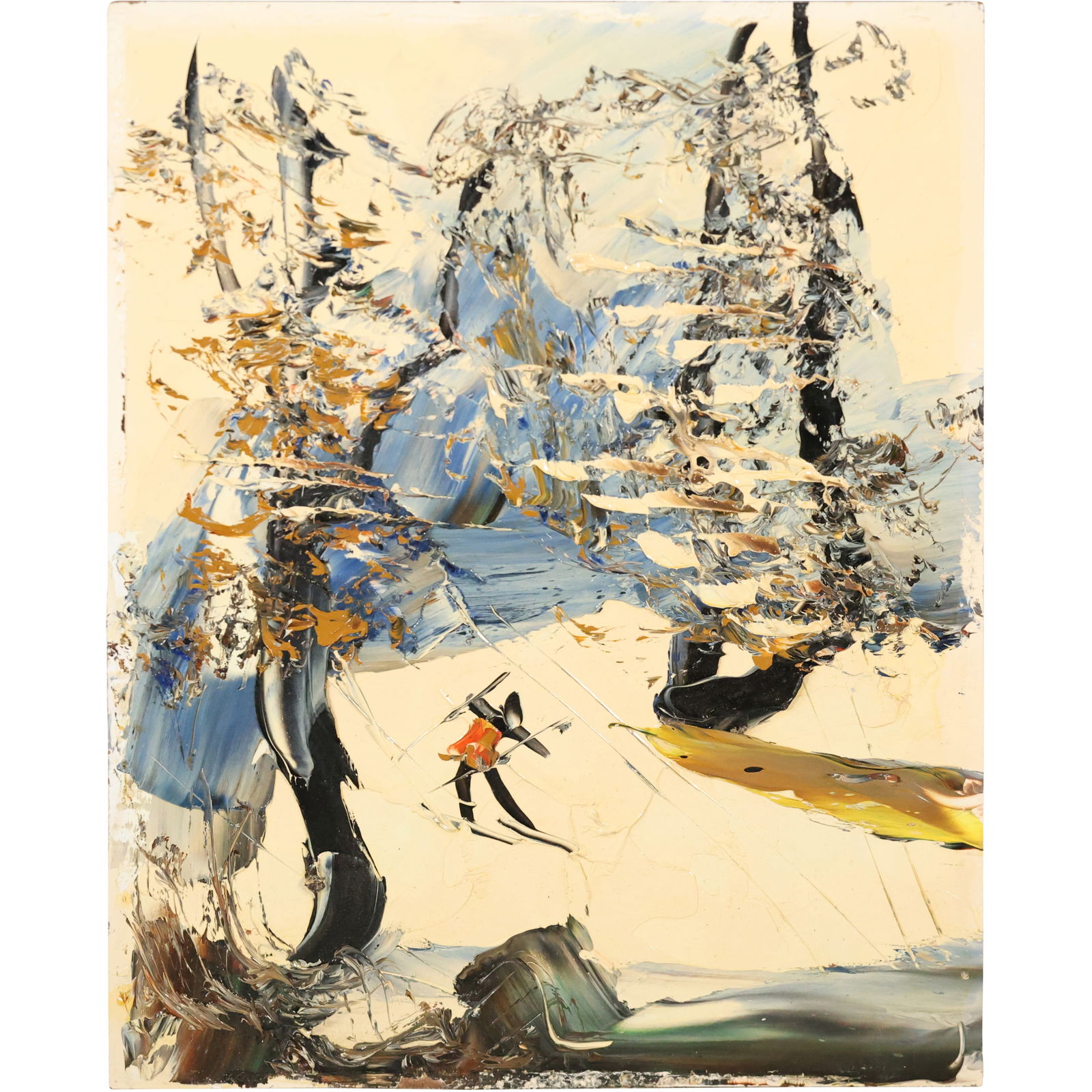 Morris Katz Oil Painting Skiing in the Catskills: Original oil painting on board by Morris Katz depicting a skier moving through a wooded, snow-covered mountain landscape. Executed in thick impasto with a palette knife, the composition features expre