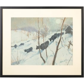 D G Summers Watercolor Painting Cattle in Snow Landscape