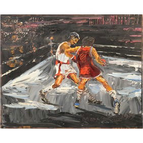 Morris Katz 1979 Oil Painting “Boxing Match” Two Figures in the Ring