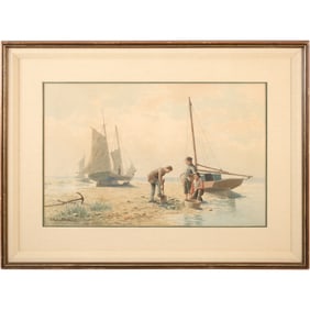 F. Rollin Smith 1889 Watercolor Coastal Scene with Sailboats and Figures