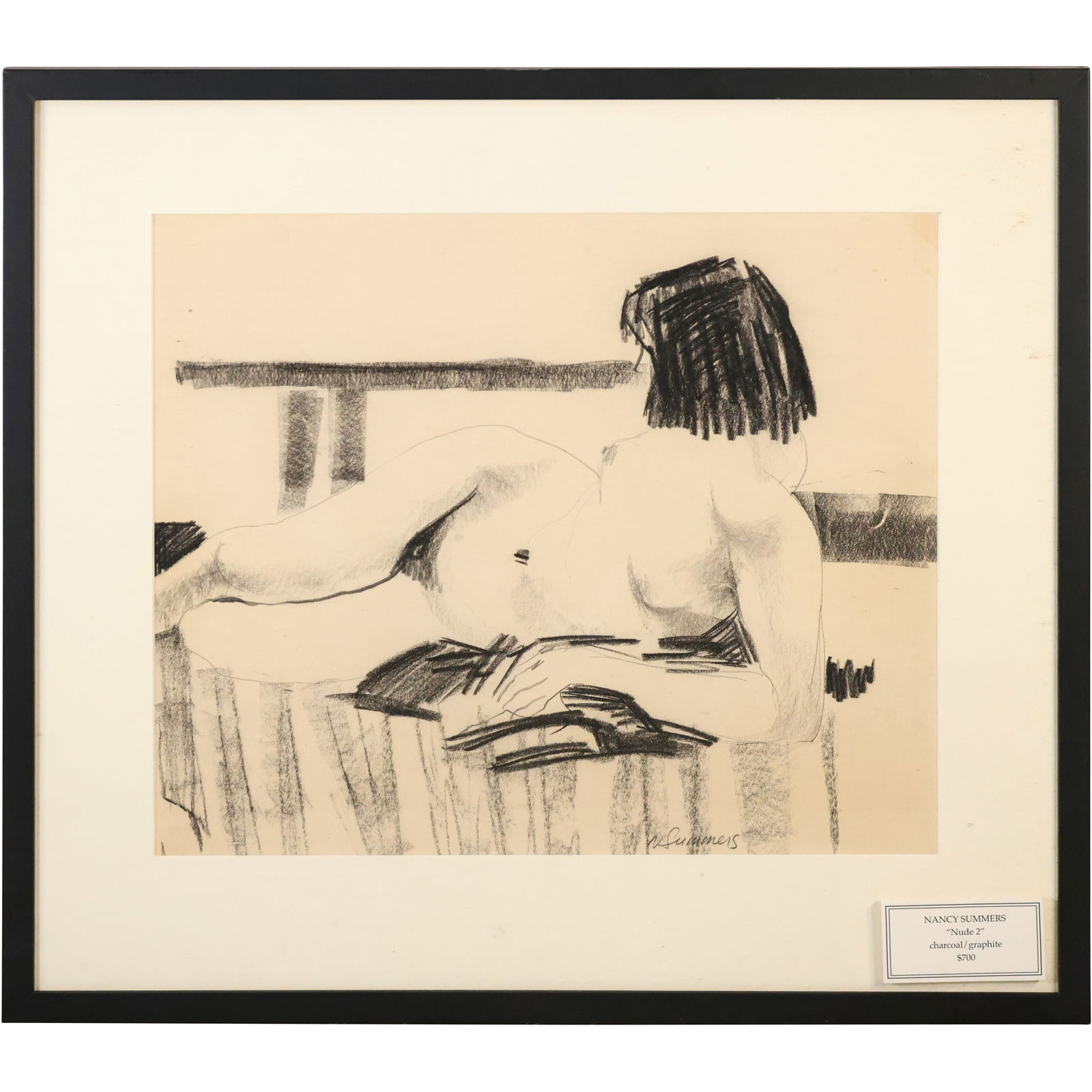 Nancy Summers Nude 2 Charcoal and Graphite Drawing: Original charcoal and graphite drawing on paper by Nancy Summers, titled Nude 2. The artwork depicts a reclining female figure rendered in expressive linework and tonal shading, emphasizing gesture an