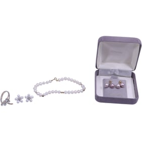 .925 Genuine Freshwater Cultured Pearls and Diamon Pierced Earrings, .925 MOP Dragonly Ring