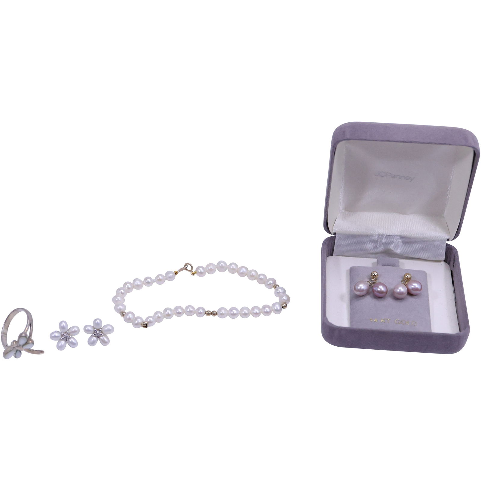 .925 Genuine Freshwater Cultured Pearls and Diamon Pierced Earrings, .925 MOP Dragonly Ring