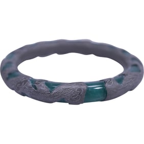 Large Heavy Bangle:  Jade with Silver Encompassing  Bangle Hand Chased Pewter Over Green. 3 1/2 in.
