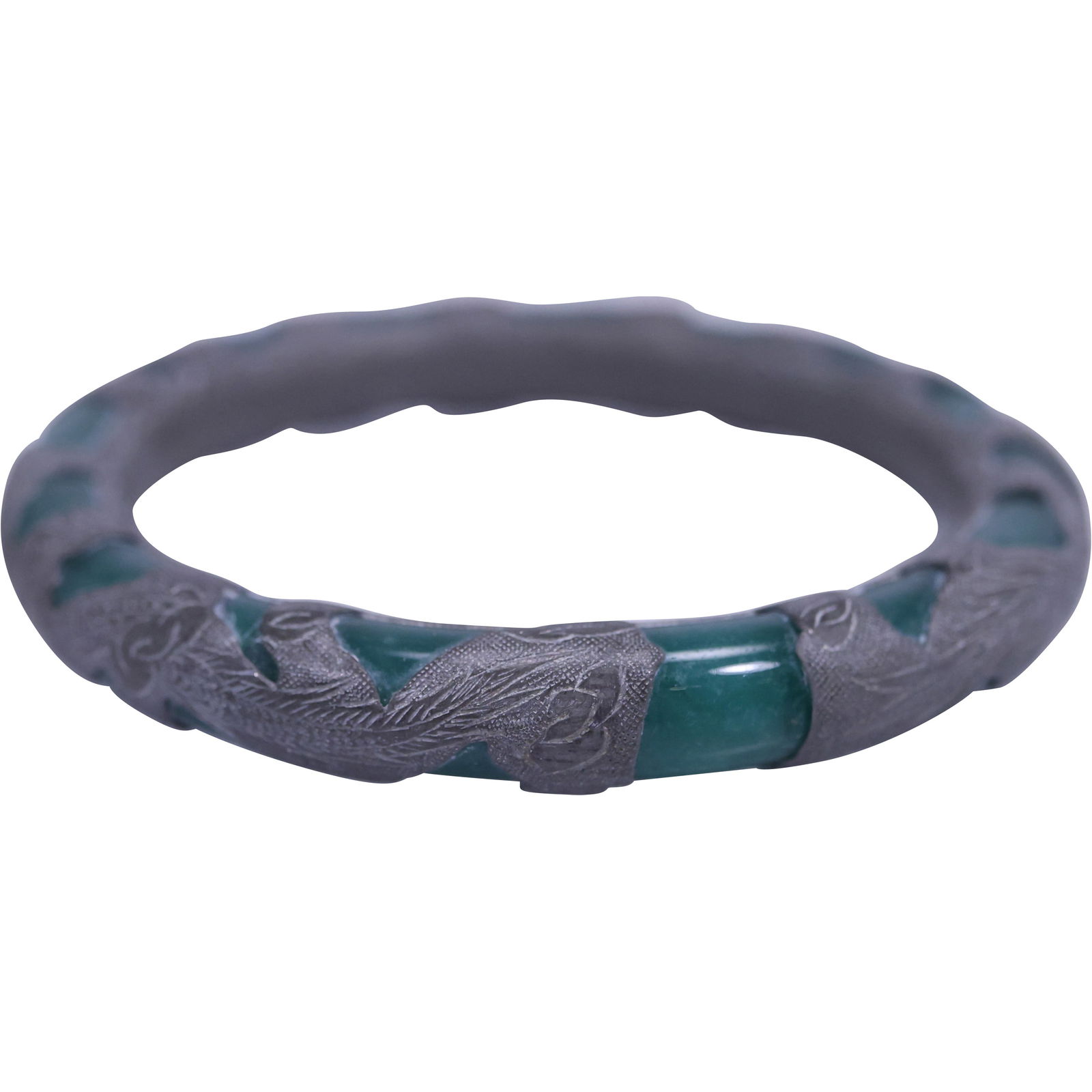 Large Heavy Bangle:  Jade with Silver Encompassing  Bangle Hand Chased Pewter Over Green. 3 1/2 in. (1 of 13)