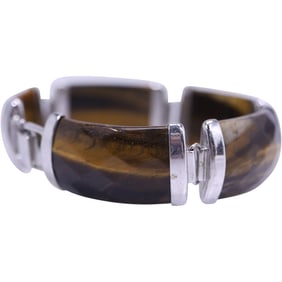 Stunning .925 Sterling Silver 5-Panels of Faceted Tiger's Eye Bracelet 8 3/4 in. x 3/4 in.