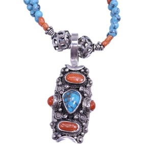 Native American Indian Necklace and Pendant: Black Onyx Beads, Turquoise, Coral Beading, Florets, St