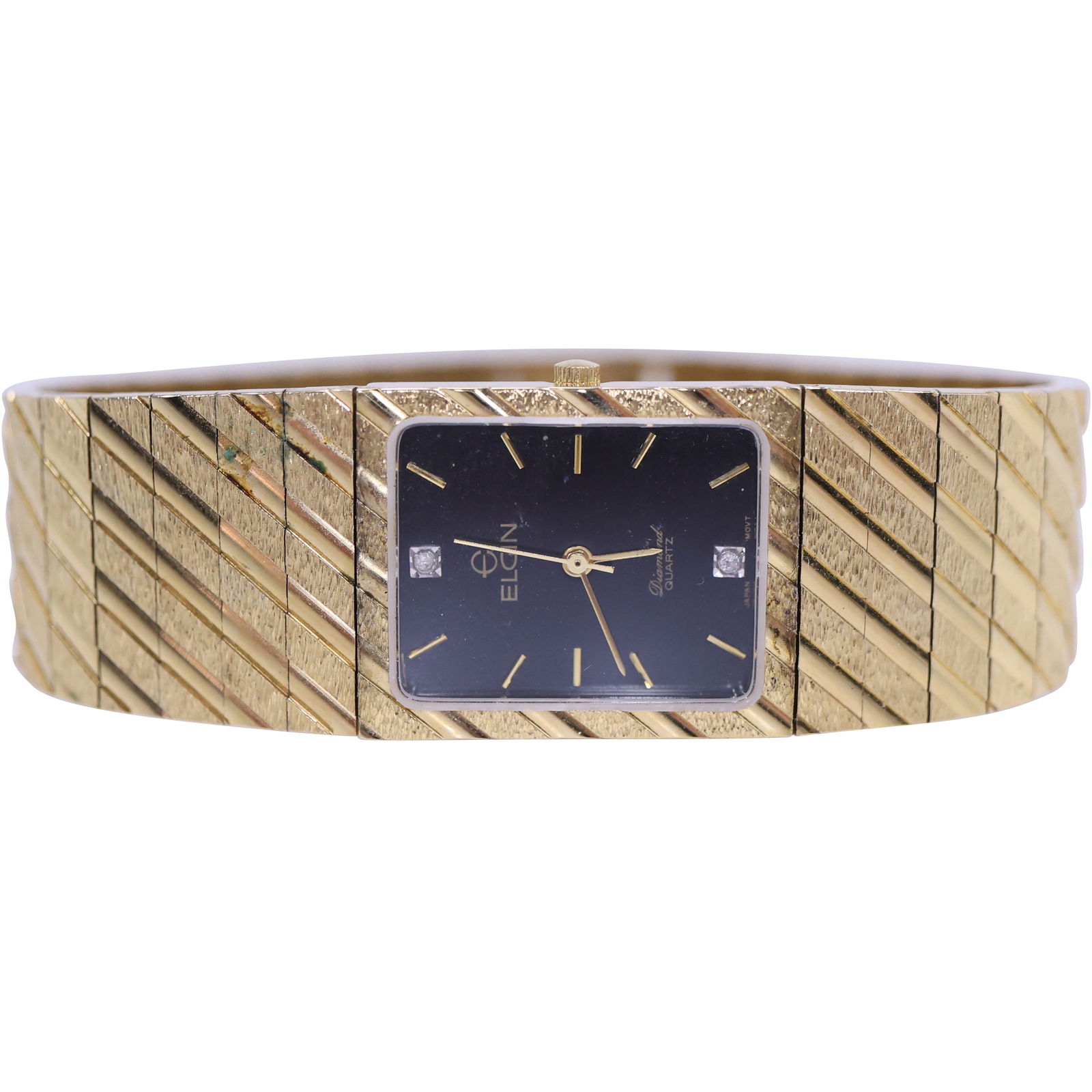 Elgin Men's Wristwatch Gold Stainles Steel Band with Black Face Vintage 1980s-90s   size: 8 1/4 in. (1 of 13)