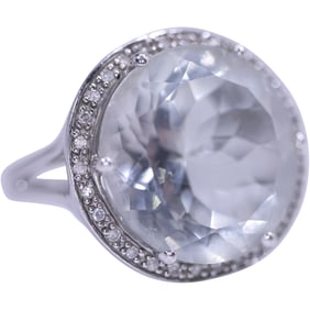 .925 Sterling Silver FD with Large White Spinel Surrounded by Diamonds Ring Size 6.5, 3/4 in. dia.