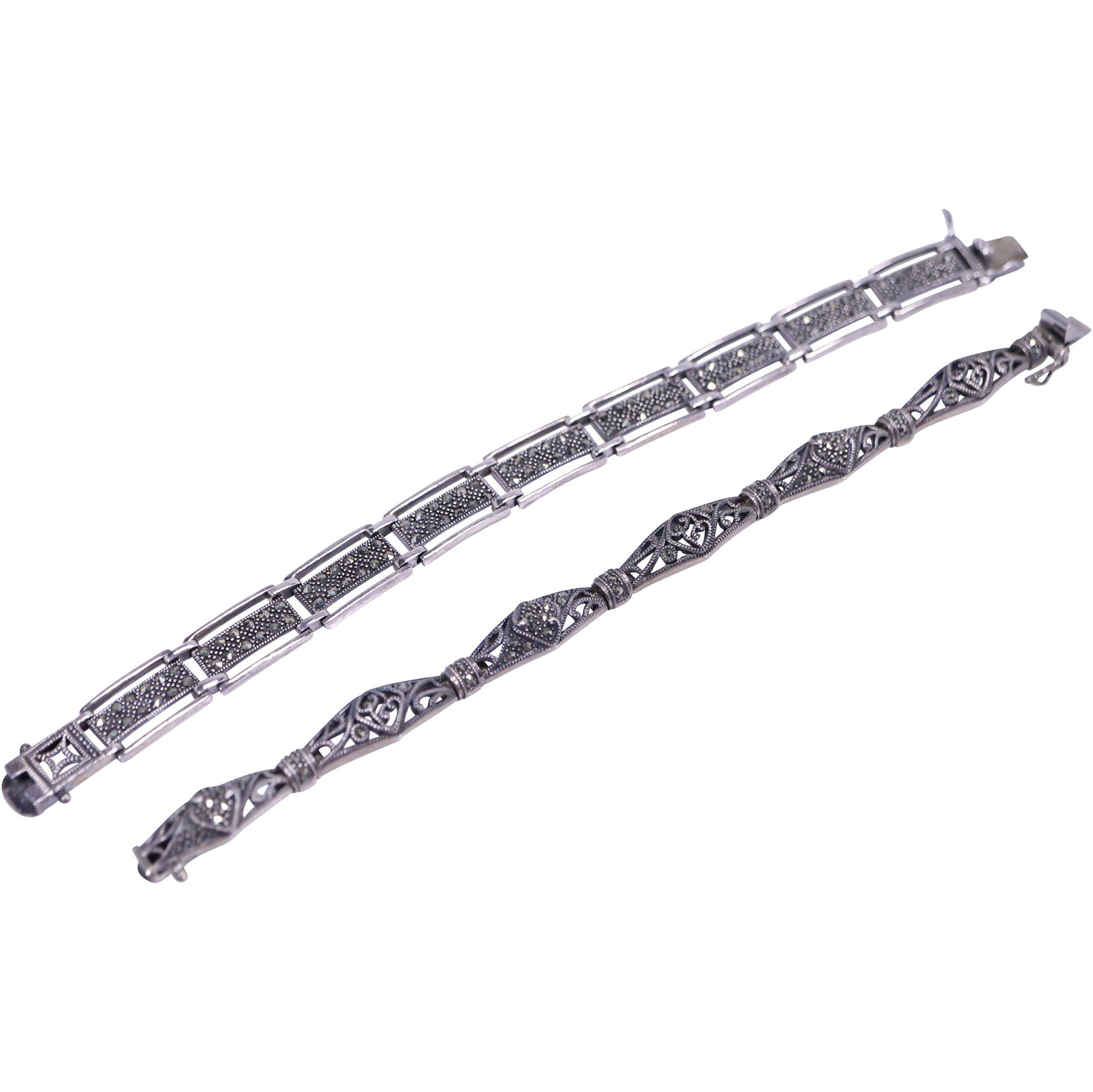 2 Sterling Silver Bracelets 50 grams: .925 9-Panel with Marcasites has sm. closure panel Bracelet 8 (1 of 18)