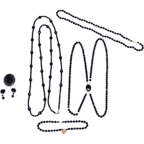 Black Jet Glass Bead Necklace 62 inches; Black Jet Glass Bead Necklace 30 inches; Black Glass Bead 2