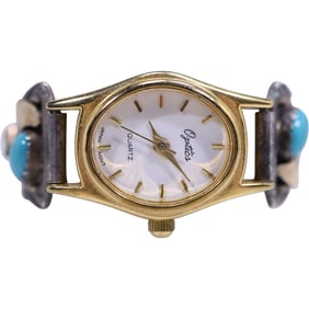 Native American Indian Sterling Silver & Turquoise with Feathers Motif Watch Band ; 1 in. x 3/4 in.