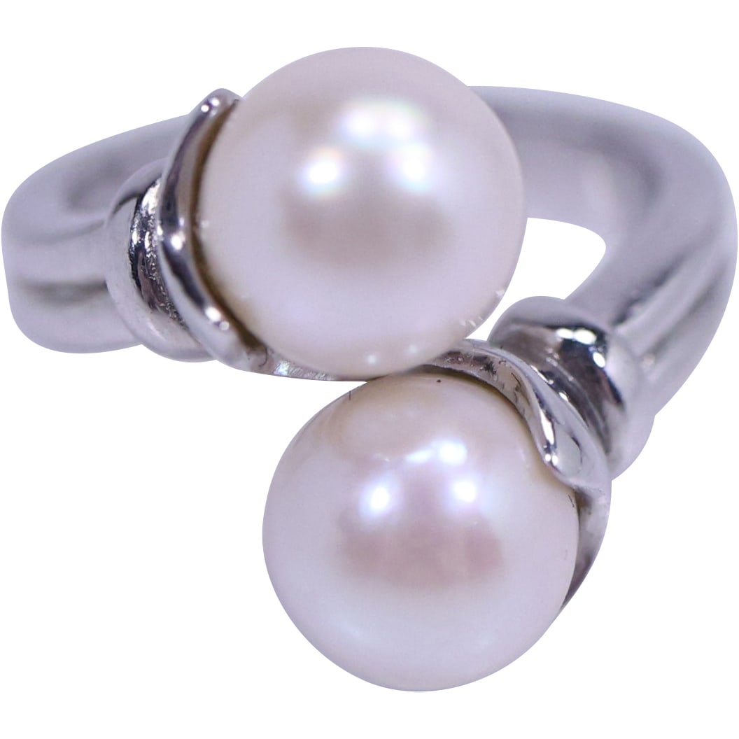 BBJ .925 Sterling Silver Freshwater Cultured Pearls Cross Over Ring Size 6 , 3/4 in. dia. (1 of 15)