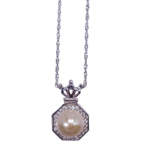 .925 Sterling Silver Freshwater Cultured Pearl and White Topaz Pendant Necklace on .925 20 in. Chain