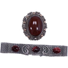 Sterling Silver with Carnelian Stone Pin 1 1/2 in. x 1 1/4 in.; ; Costume Mesh Bracelet with Carneli