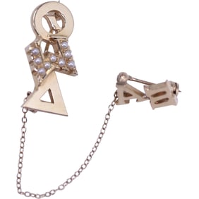 J A Cooper 14K with Seed Pearls "Alpha" Pin 2.4 dwt ; 7/8 in. x 1/2 in.; 1/2 in. x 3/8 in. , chain 2