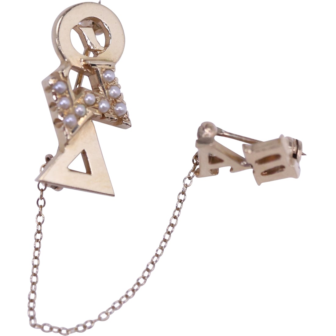 J A Cooper 14K with Seed Pearls "Alpha" Pin 2.4 dwt ; 7/8 in. x 1/2 in.; 1/2 in. x 3/8 in. , chain 2: J A Cooper 14K with Seed Pearls "Alpha" Pin 2.4 dwt ; 7/8 in. x 1/2 in.; 1/2 in. x 3/8 in. , chain 2 in.