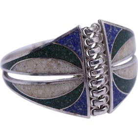 .950  Sterling 49.7 grams Lapis. MOP, Malachite Inlaid 1960s/70s Bangle Bracelret 2 3/4 in. x 2 1/2