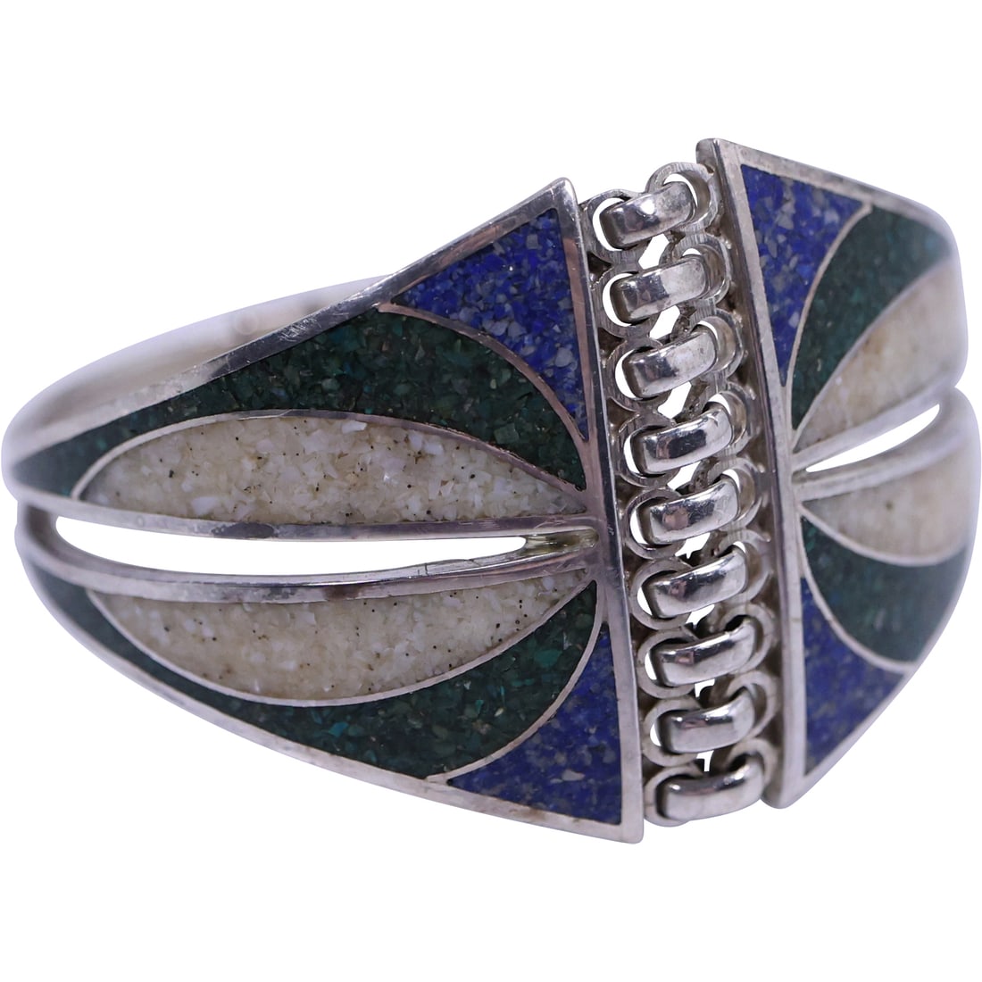 .950  Sterling 49.7 grams Lapis. MOP, Malachite Inlaid 1960s/70s Bangle Bracelret 2 3/4 in. x 2 1/2 (1 of 12)
