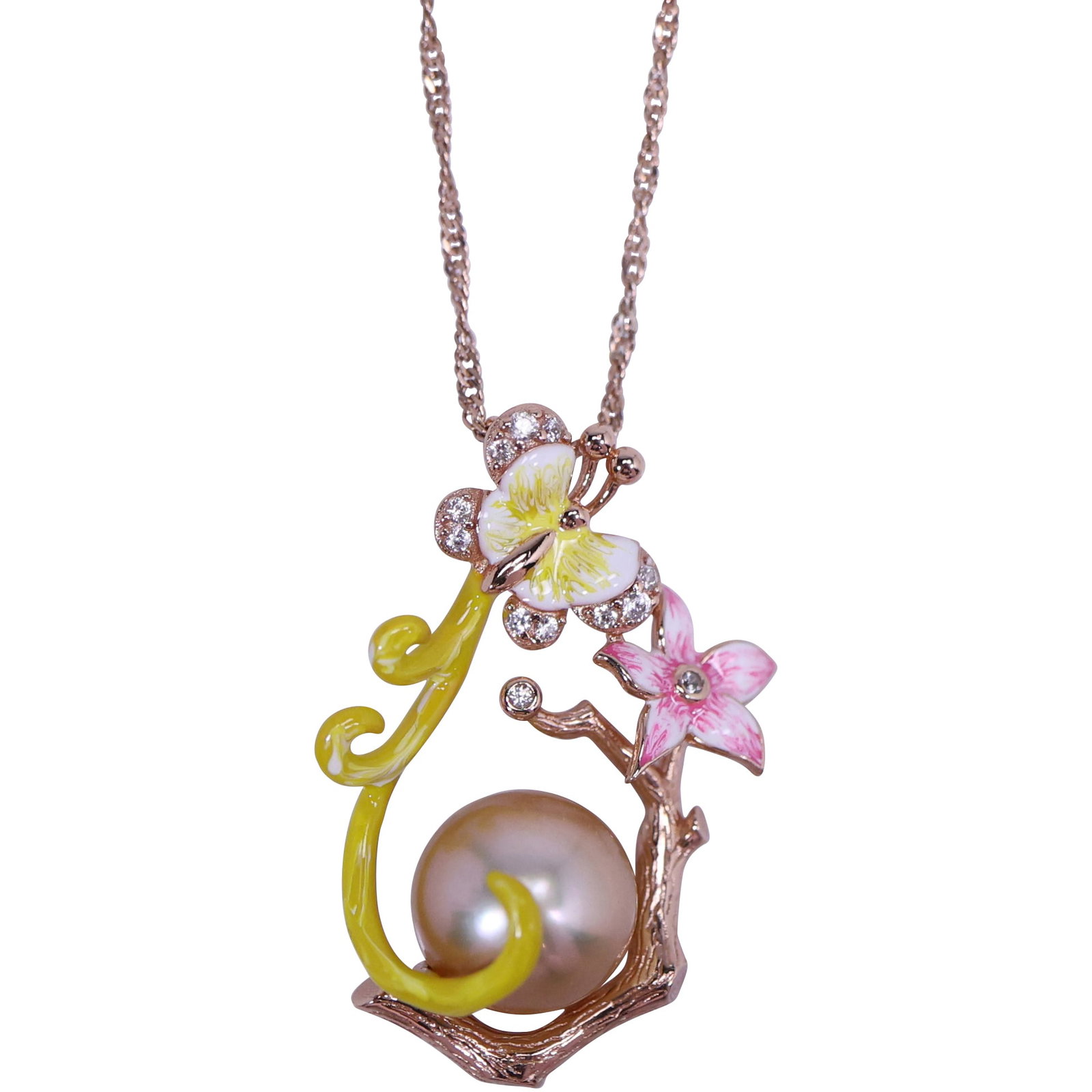 .925 Sterling Silver Rose Gold Tone Freshwater Cultured Pearl in Enameled Flowers Butterfly Setting: .925 Sterling Silver Rose Gold Tone Freshwater Cultured Pearl in Enameled Flowers Butterfly Setting with White Topaz Pendant 1 3/8 in. x 3/4 in. Necklace on .925 Sterling 20 in. Rose Gold Tone Chain