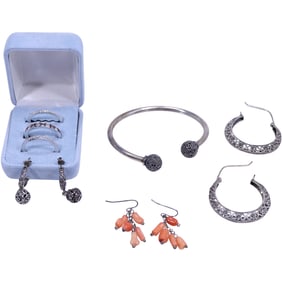 .925 Sterling Silver CZ [3] Rings in Case Size 10.5, Sterling Filigree Hoop Earrings 1 3/4 in. ; .92