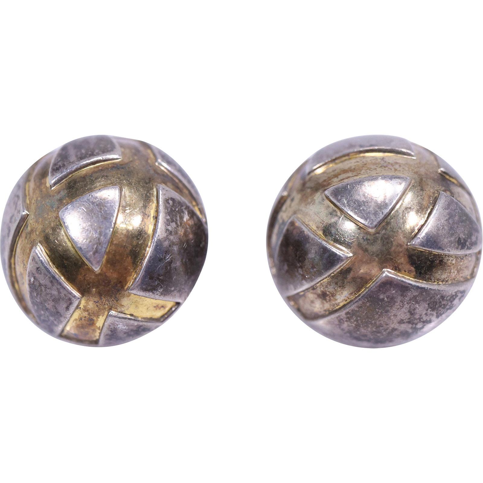Elizabeth Errico Sterling Silver 42.8 grams Dome Sphere Clip-on Earrings 1 1/4 in. dia.: Elizabeth Errico Sterling Silver 42.8 grams Dome Sphere Clip-on Earrings 1 1/4 in. dia.;Pair of dome-shaped clip-on earrings marked Erica 925 Sterling. Each earring features a raised geometric cross d