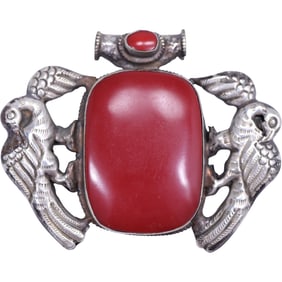 Silver Falcon Pendant with Red Stone 3 in. x 4 in.