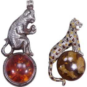 2 Animal Pendants Amber Reconstitued CHEETAH 3 in. x 1.5 in., MONKEY 2.5 in. x 1.5 in.