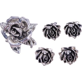 Sterling Silver 98.1 grams, Pat Art Israel Sterling Wax Rose Pin 3 in. x 2 7/8 in. & 4 GW .925 Rose