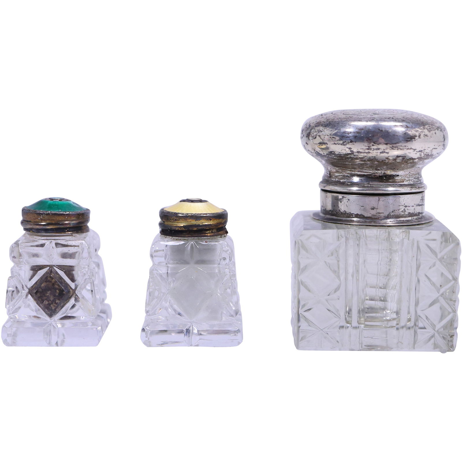 Sterling Silver and Cut Glass Inkwell with Norwegian Guilloché Enamel Salt and Pepper Shakers: Grouping of three cut glass table accessories including one square inkwell with a sterling silver hinged lid monogrammed at top and two small glass salt and pepper shakers with guilloché enamel tops,