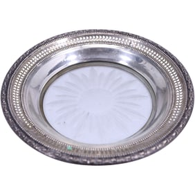 Frank Whiting Sterling Silver and Glass Wine Coaster Talisman Rose Pattern, 6 5/8 in. dia.