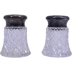 Sterling Silver Tops Crystal Diamond Quilted Glass Salt and Pepper Shakers 2.75 in. height.