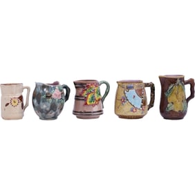 Group of 5 Vintage Majolica Pottery Pitchers and Mugs — Etruscan and Portuguese